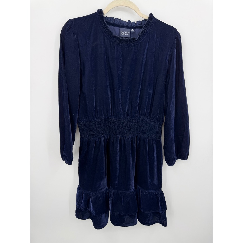 Madison Mathews Velvet Smocked Dress Womens Medium Navy Blue Ruffle Tiered Mini